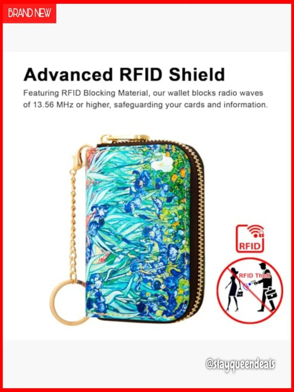 Slim RFID Blocking Leather Wallet with Keychain, 10 Card Slots